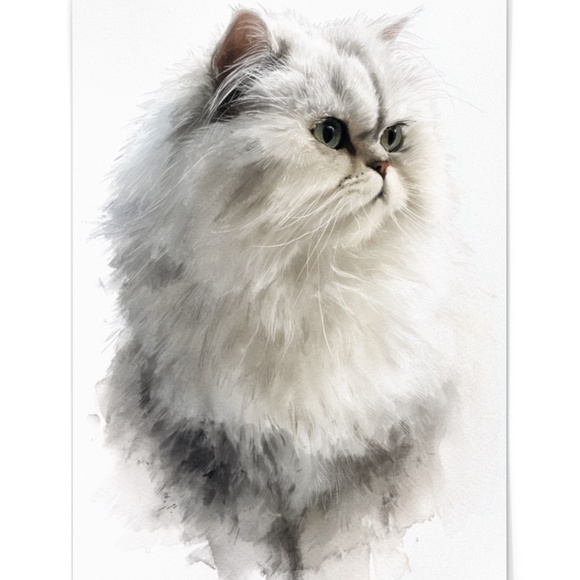 Watercolor White Persian Cat Portrait Wall Art Print Poster, Unframed - Picture 2 of 6
